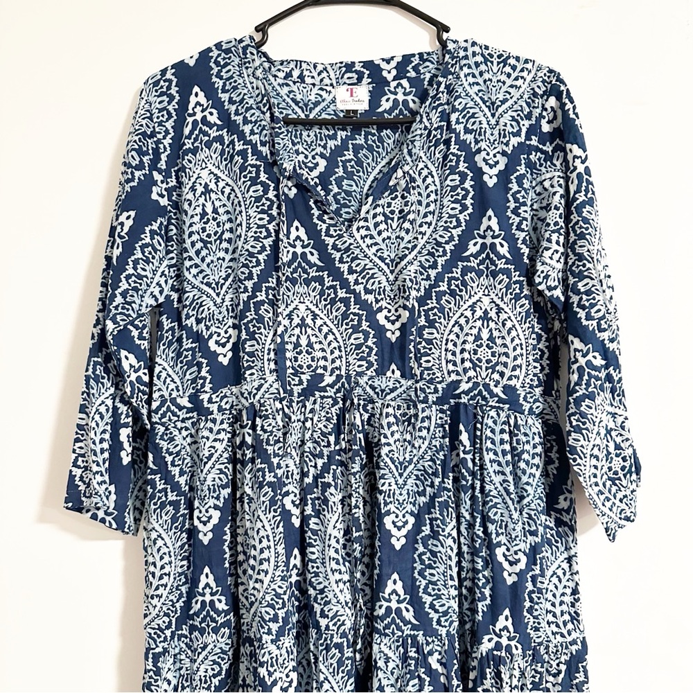Ethnic Traders Blue and White Paisley Tie Waist Midi Dress - Picture 3 of 7